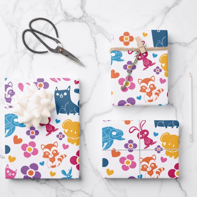 Cute Colourful Animals & Flowers Pattern Wrapping Paper Sheet (Front)