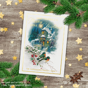 Cute Colourful Antique Seasons Greetings Gold Foil Holiday Card