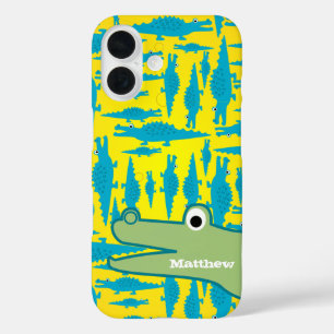 Cute Colourful Aqua and Yellow Alligator Pattern iPhone 16 Case