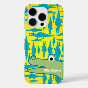 Cute Colourful Aqua and Yellow Alligator Pattern iPhone 16 Pro Case
