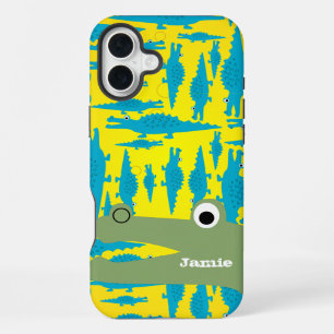 Cute Colourful Aqua and Yellow Alligator Pattern iPhone 16 Plus Case