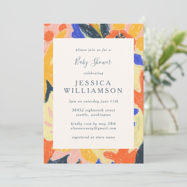 Cute Colourful Artsy Abstract Botanical Baby Showe Invitation (Standing Front)
