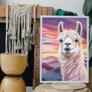 Cute Colourful Artsy Llama Scenery Mountain Sunset Poster