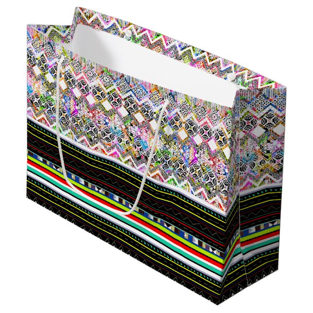 Cute colourful aztec tribal patterns large gift bag (Front Angled)