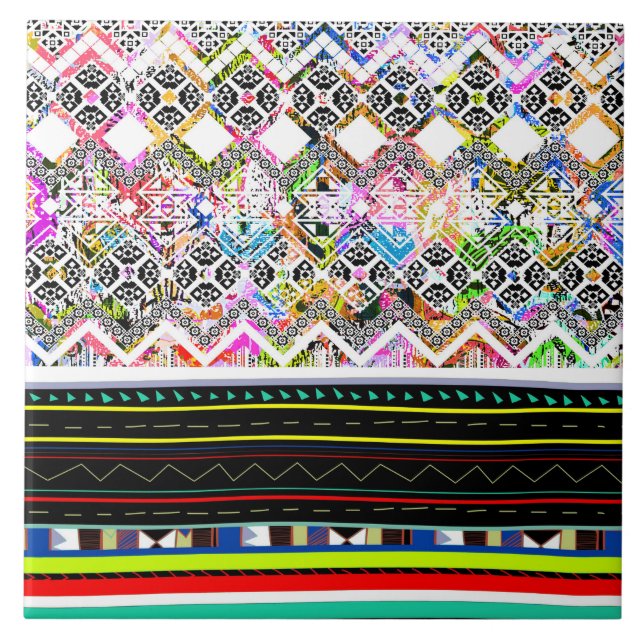 Cute colourful aztec tribal patterns tile (Front)