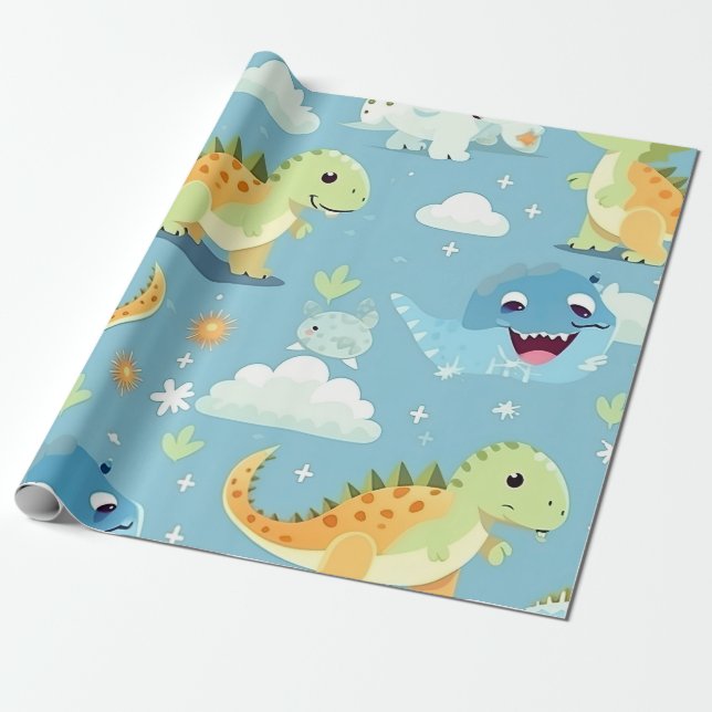 Cute Colourful Baby Dinosaur Birthday Wrapping Paper (Unrolled)