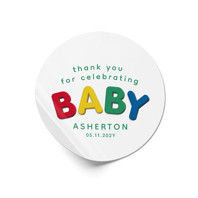 Cute colourful baby personalised baby shower classic round sticker (Creator Uploaded)