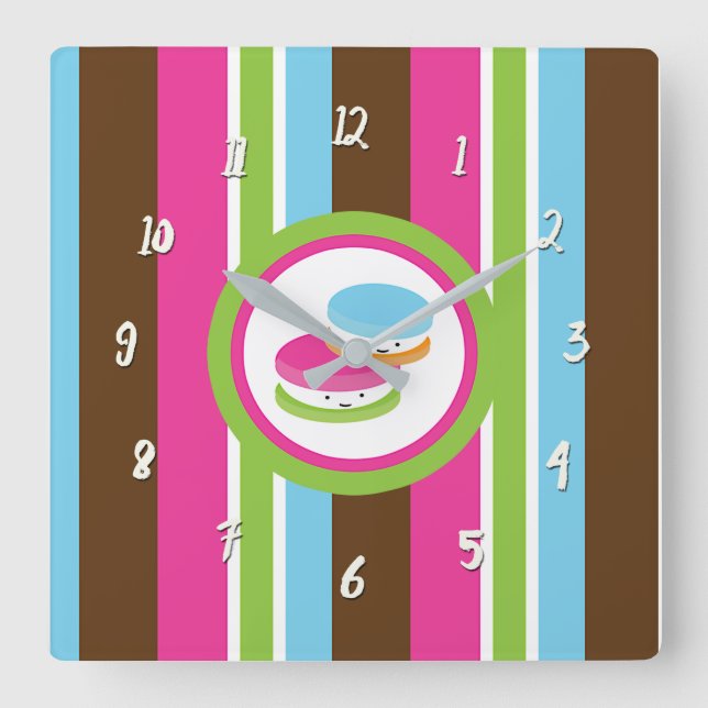 Cute Colourful Bakery Macaroons Fun Stripes Square Wall Clock (Front)