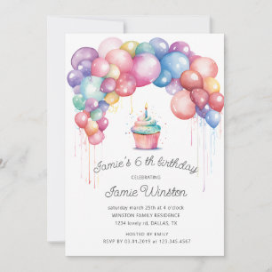 Cute Colourful Balloon Arch Cupcake Kids Birthday Invitation