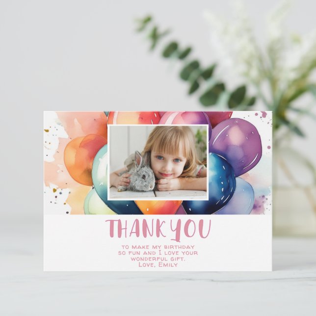Cute Colourful Balloons Birthday Kid's Photo Thank You Card (Standing Front)