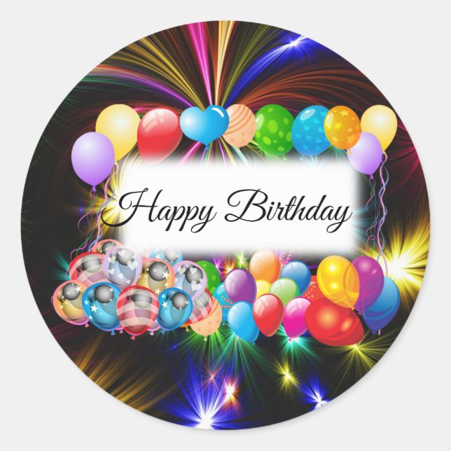 Cute, Colourful Balloons & Fireworks, Birthday Classic Round Sticker (Front)