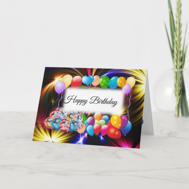 Cute, Colourful Balloons, Fireworks, Happy Birthda Card (Front)