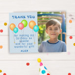 Cute Colourful Balloons Kids Birthday Photo Thank You Card<br><div class="desc">Cute Colourful Balloons Kids Birthday Photo Thank You Card. Thank you birthday card for the children`s birthday party. This design comes with balloons in red,  blue,  pink and green colours on a blue background. Personalise the card with your child`s name,  thank you message and photo.</div>