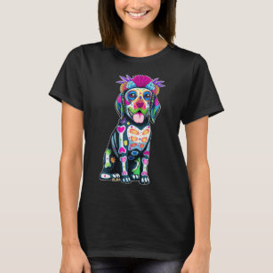 Cute Colourful Beagle Dog Sugar Skull Mexican Hall T-Shirt