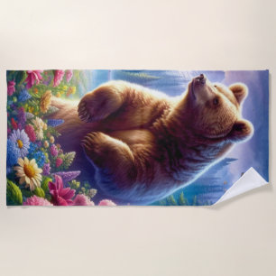 Cute, colourful bear & butterflies beach towel