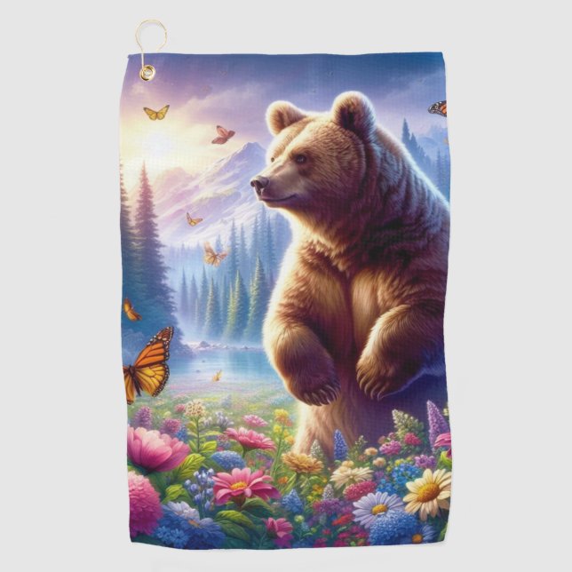 Cute, colourful bear & butterflies golf towel (Front)