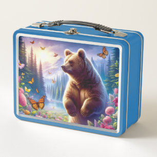 Cute, colourful bear & butterflies metal lunch box