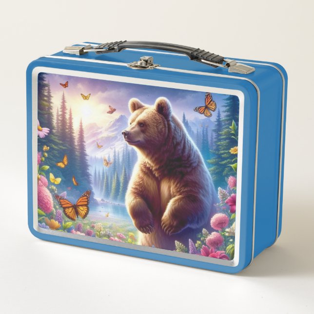 Cute, colourful bear & butterflies metal lunch box (Front)