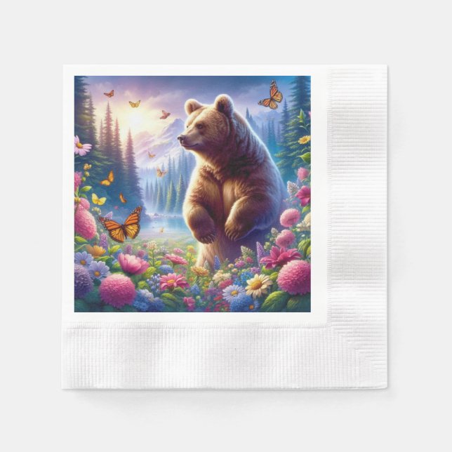 Cute, colourful bear & butterflies napkin (Front)