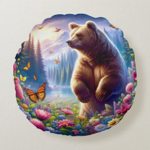 Cute, colourful bear & butterflies round cushion