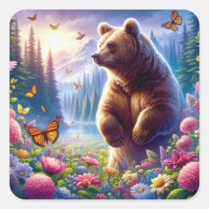 Cute, colourful bear & butterflies square sticker