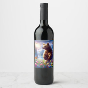 Cute, colourful bear & butterflies wine label