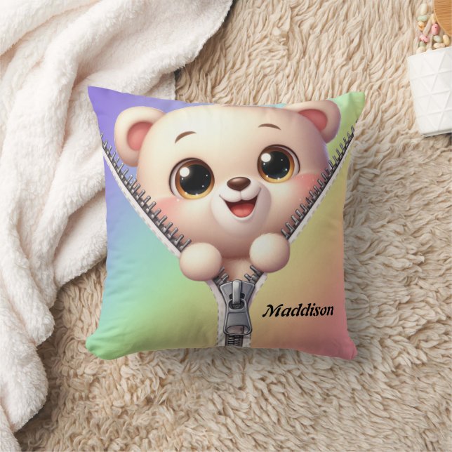 Cute Colourful Bear Kids Customisable Name  Cushion (Blanket)