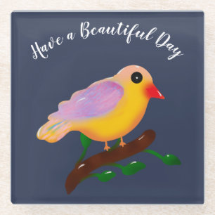 Cute Colourful Bird on Branch Hand Drawn Songbir Glass Coaster