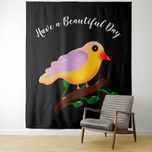 Cute Colourful Bird on Branch   Hand Drawn Songbir Tapestry