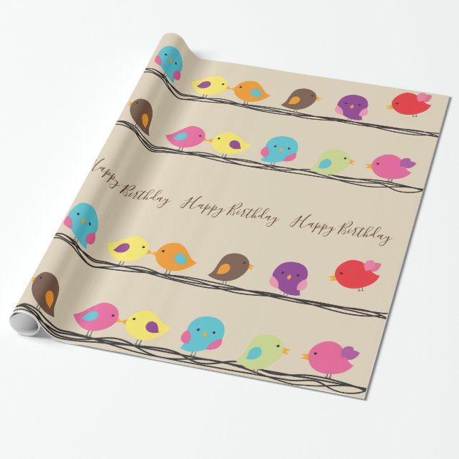 cute colourful birds on ropes pattern wrapping paper (Unrolled)