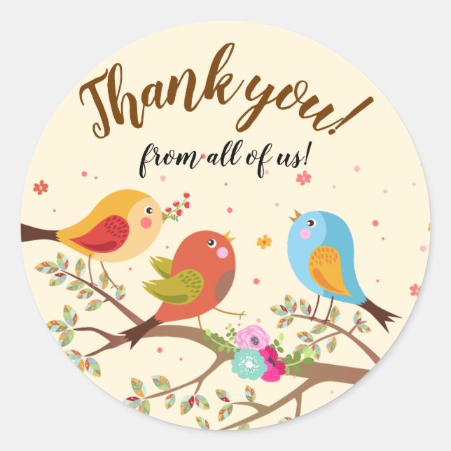 Cute Colourful Birds Thank You Classic Round Sticker (Front)