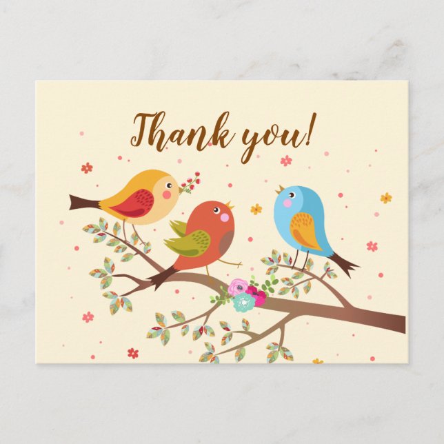 Cute Colourful Birds Thank You Postcard (Front)