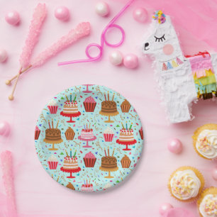 Cute Colourful Birthday Cakes and Cupcakes on blue Paper Plate