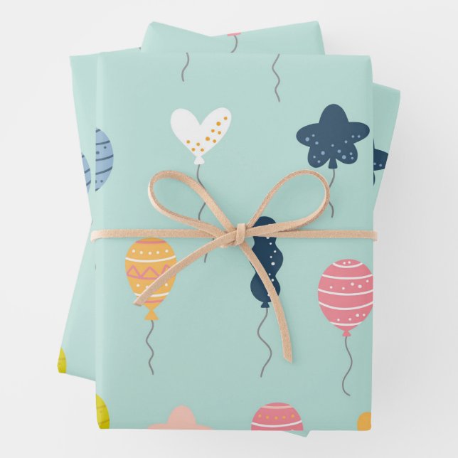 Cute Colourful Birthday Party Balloon Pattern Wrapping Paper Sheet (In situ)