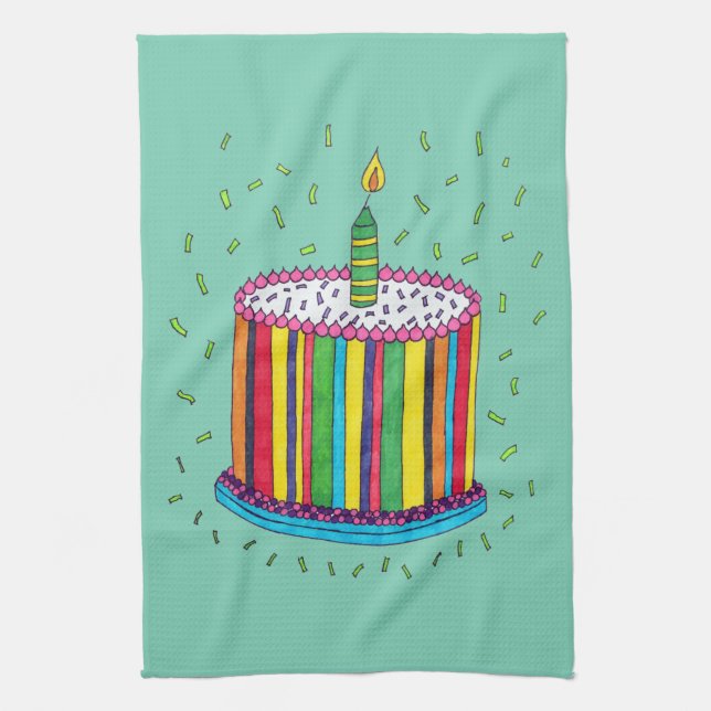 Cute Colourful Birthday Party Cake Tea Towel (Vertical)