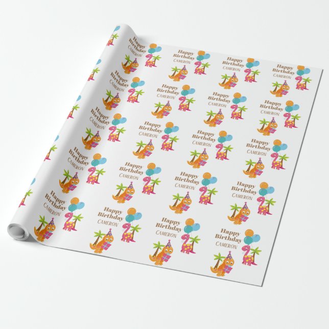 Cute Colourful Birthday Party Dinosaurs Wrapping Paper (Unrolled)