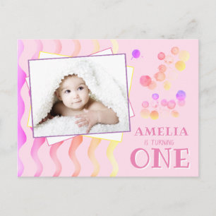 Cute Colourful Blots 1st Birthday Photo Invitation Postcard