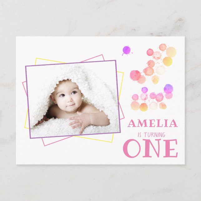 Cute Colourful Blots 1st Birthday Photo Invitation Postcard (Front)