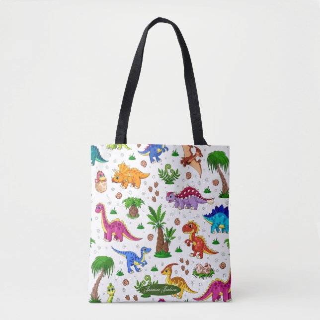 Cute Colourful Blue Green Pattern Dinosaur Tote Ba (Front)