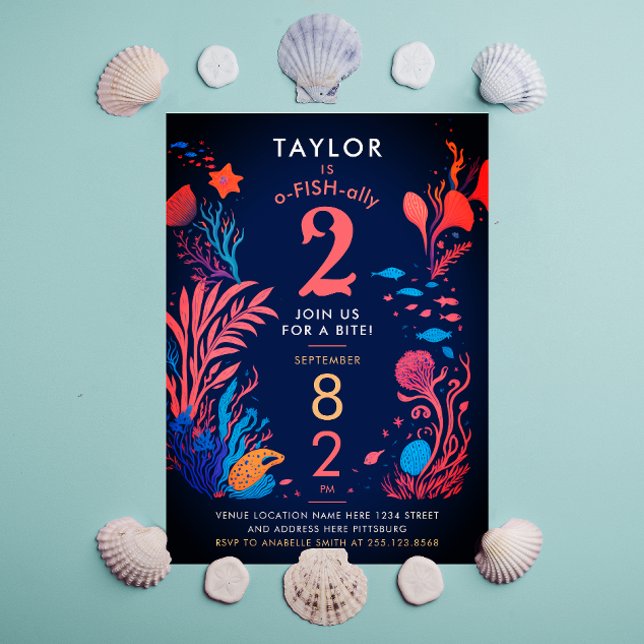 Cute Colourful Blue Ocean Fish Corals Kids Birthda Invitation (Creator Uploaded)