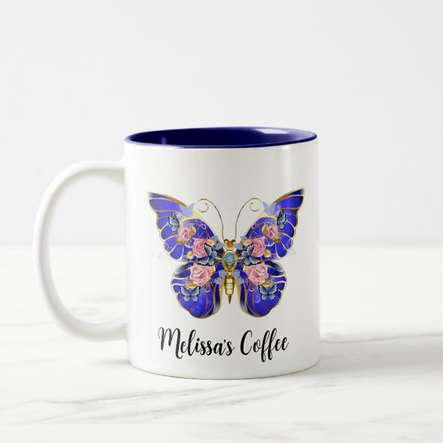 Cute Colourful Blue Pink Gold Butterfly Floral  Two-Tone Coffee Mug (Left)