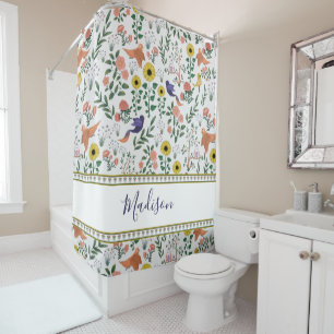Cute Colourful Boho Bird and Floral Pattern Shower Curtain