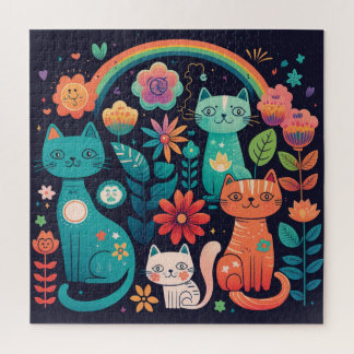 Cute Colourful Boho Cats and Flowers Jigsaw Puzzle
