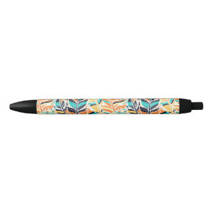 Cute colourful boho leaves pattern black ink pen