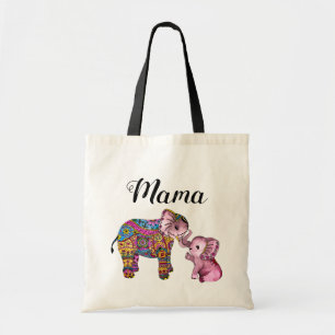 Cute Colourful Boho Mother and Baby Elephant Tote Bag