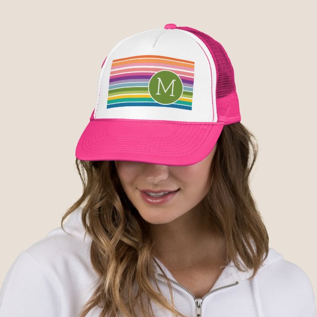 Cute Colourful Boho Stripe Pattern with Monogram Trucker Hat (In Situ)