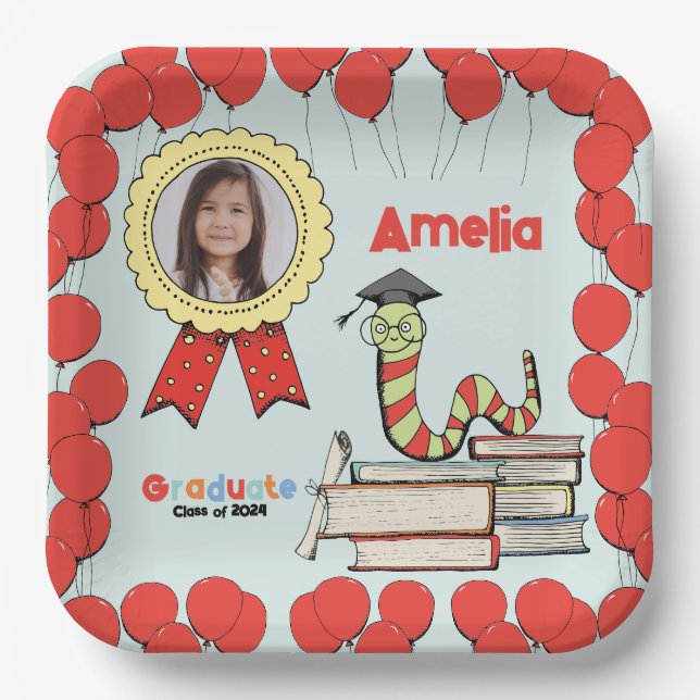 Cute Colourful Bookworm Graduation Party with Phot Paper Plate (Front)