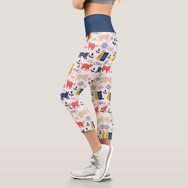Cute Colourful Botanical Floral Cat Capri Leggings (Left)