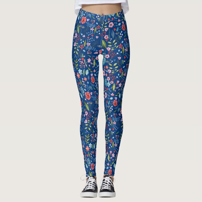 Cute Colourful Botanical Leafs & Flowers Pattern Leggings (Front)