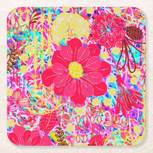 Cute colourful bright flowers square paper coaster